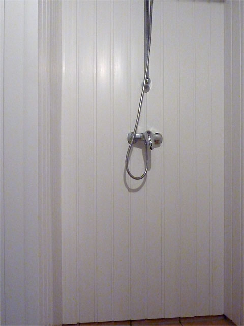 Sanierungsbedürftige Duschnische mit PVC-Wandprofilen